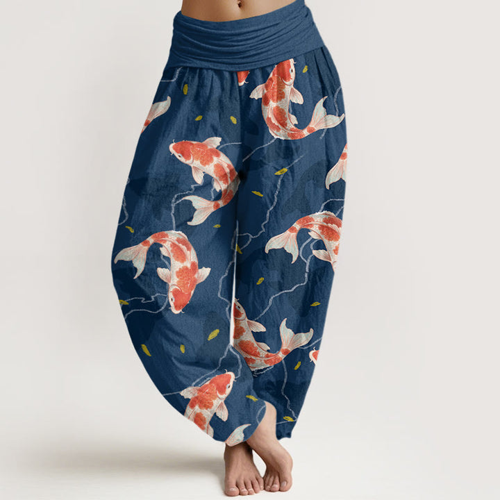 Buddha Stones Cotton Red White Koi Fish Pattern Design Women's Elastic Waist Harem Pants - SteelBlue - US22，UK/AU26，EU54 (6XL) - image 0