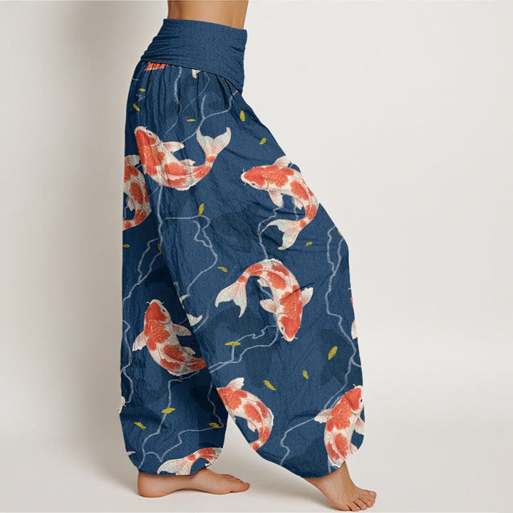 Buddha Stones Cotton Red White Koi Fish Pattern Design Women's Elastic Waist Harem Pants - image 2