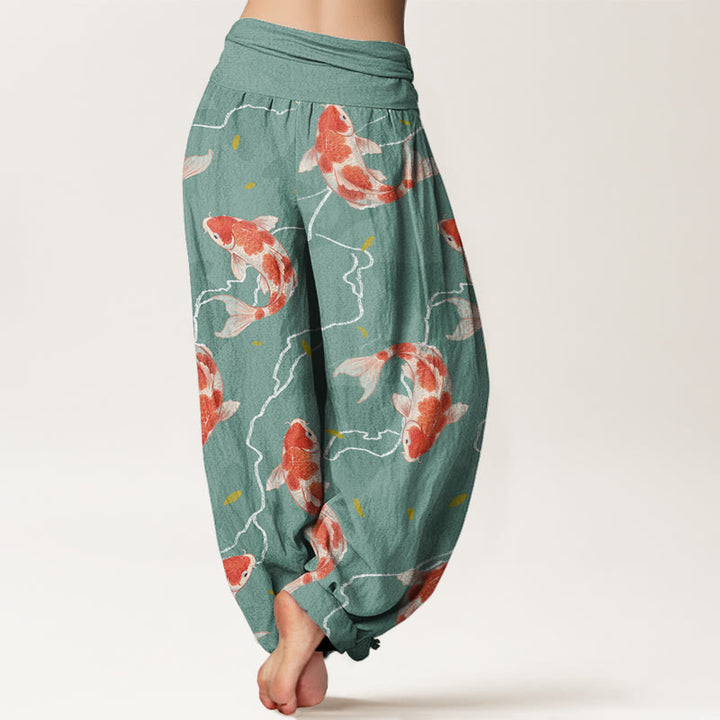 Buddha Stones Cotton Red White Koi Fish Pattern Design Women's Elastic Waist Harem Pants - image 5