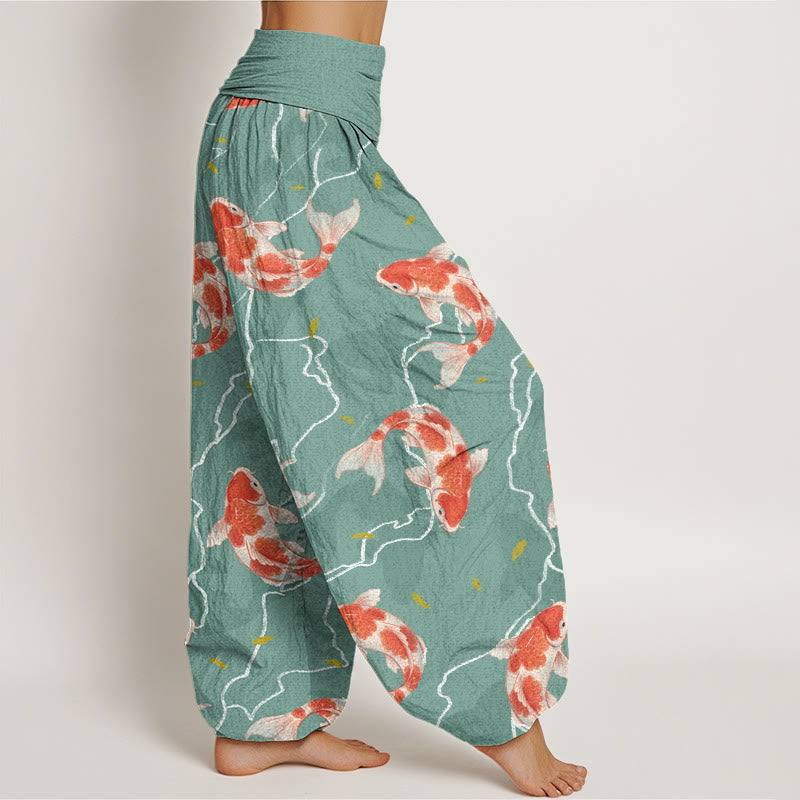 Buddha Stones Cotton Red White Koi Fish Pattern Design Women's Elastic Waist Harem Pants - image 6
