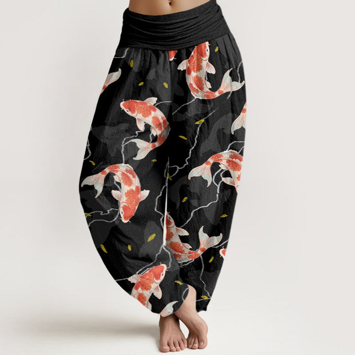 Buddha Stones Cotton Red White Koi Fish Pattern Design Women's Elastic Waist Harem Pants - Black - US22，UK/AU26，EU54 (6XL) - image 7