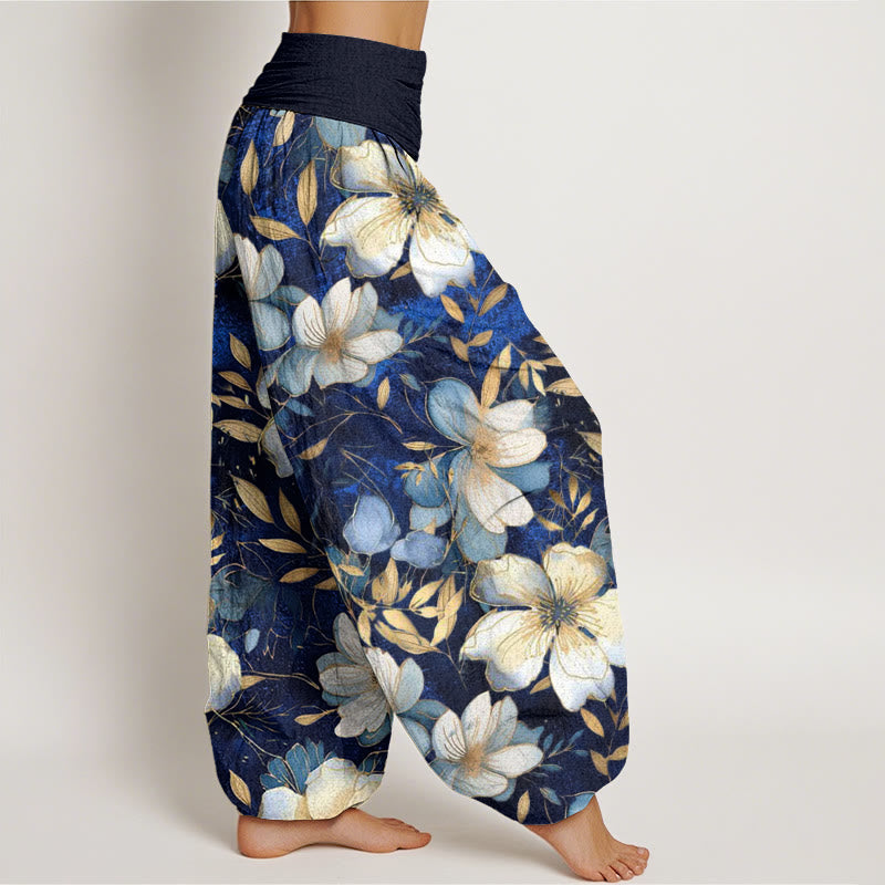 Buddha Stones Creamy White Flowers Pattern Design Women's Elastic Waist Harem Pants - image 3