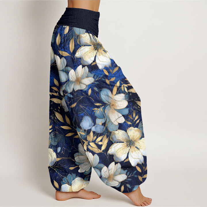 Buddha Stones Creamy White Flowers Pattern Design Women's Elastic Waist Harem Pants - image 3