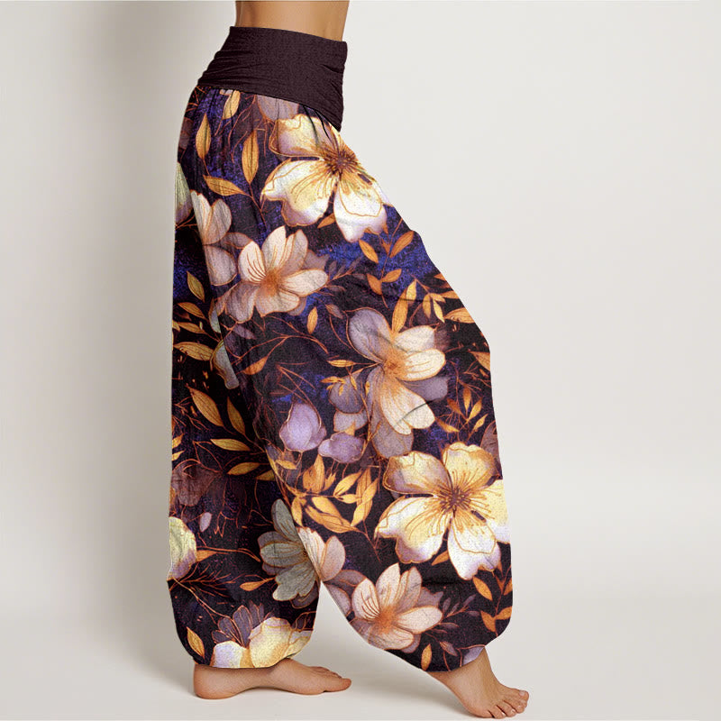 Buddha Stones Creamy White Flowers Pattern Design Women's Elastic Waist Harem Pants - image 7