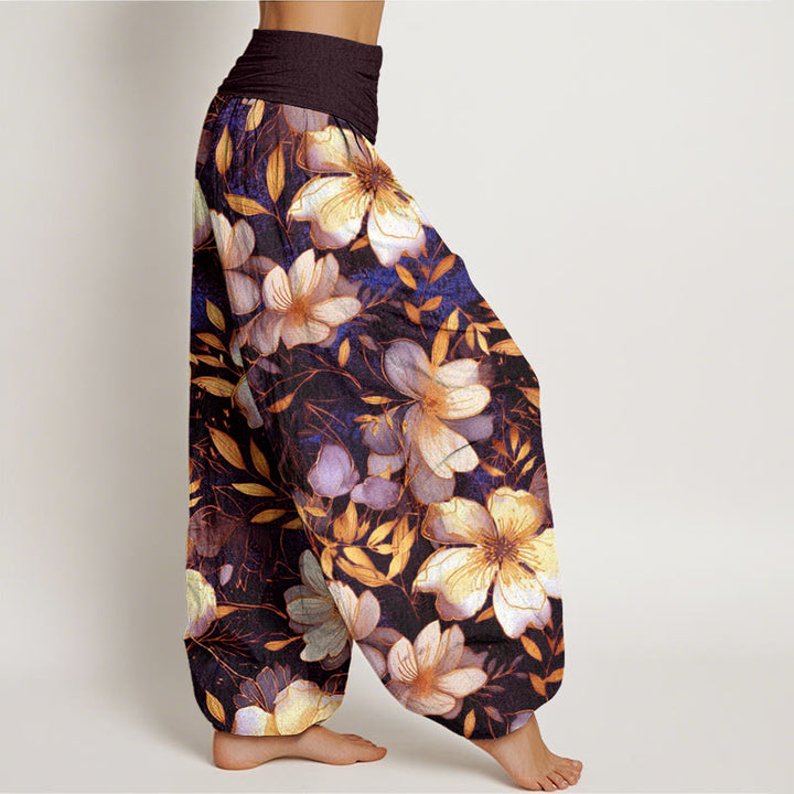 Buddha Stones Creamy White Flowers Pattern Design Women's Elastic Waist Harem Pants - image 7