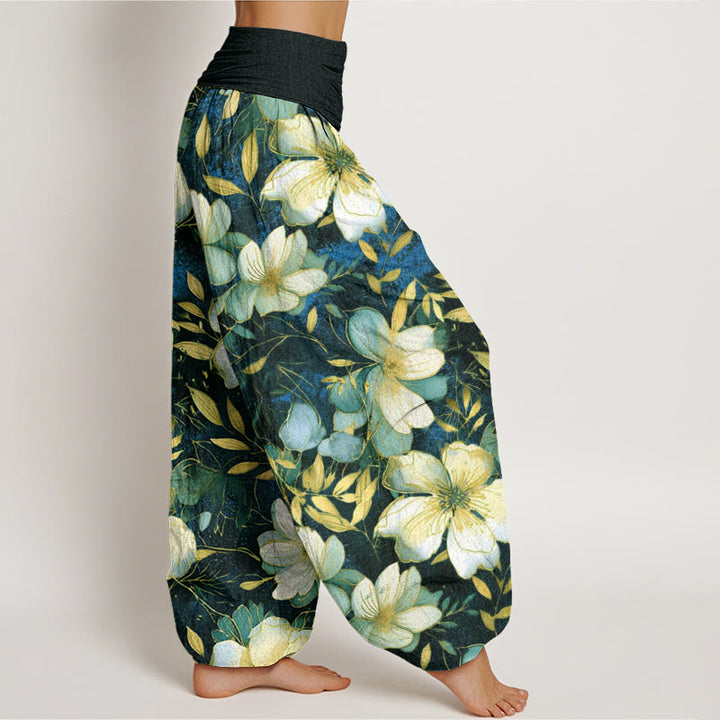 Buddha Stones Creamy White Flowers Pattern Design Women's Elastic Waist Harem Pants - image 10