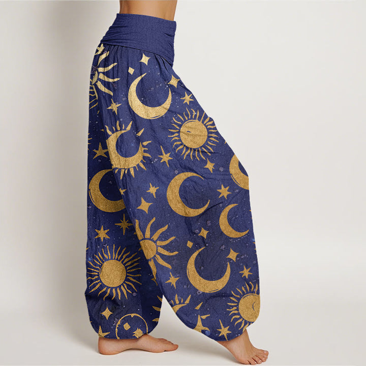 Buddha Stones Cotton Crescent Moon Sun Stars Pattern Design Women's Elastic Waist Harem Pants - image 6