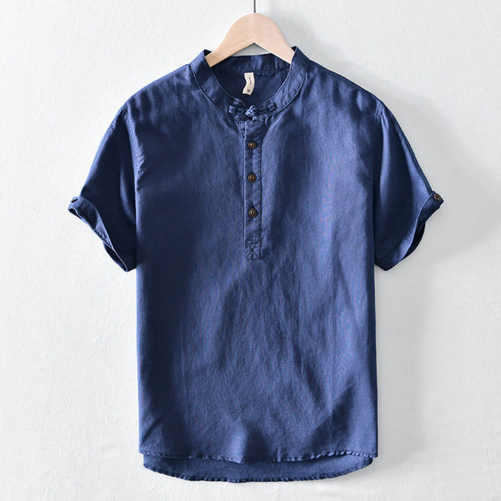 Buddha Stones Solid Color Half Button Design Stand Collar Men's Short Sleeve Cotton Linen Shirt - Navy - US/UK/AU46，EU56 (5XL) - image 10