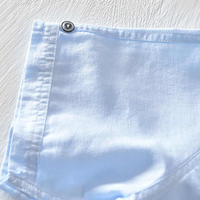 Buddha Stones Solid Color Half Button Design Stand Collar Men's Short Sleeve Cotton Linen Shirt - image 21