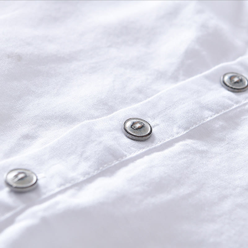 Buddha Stones Solid Color Half Button Design Stand Collar Men's Short Sleeve Cotton Linen Shirt - image 8