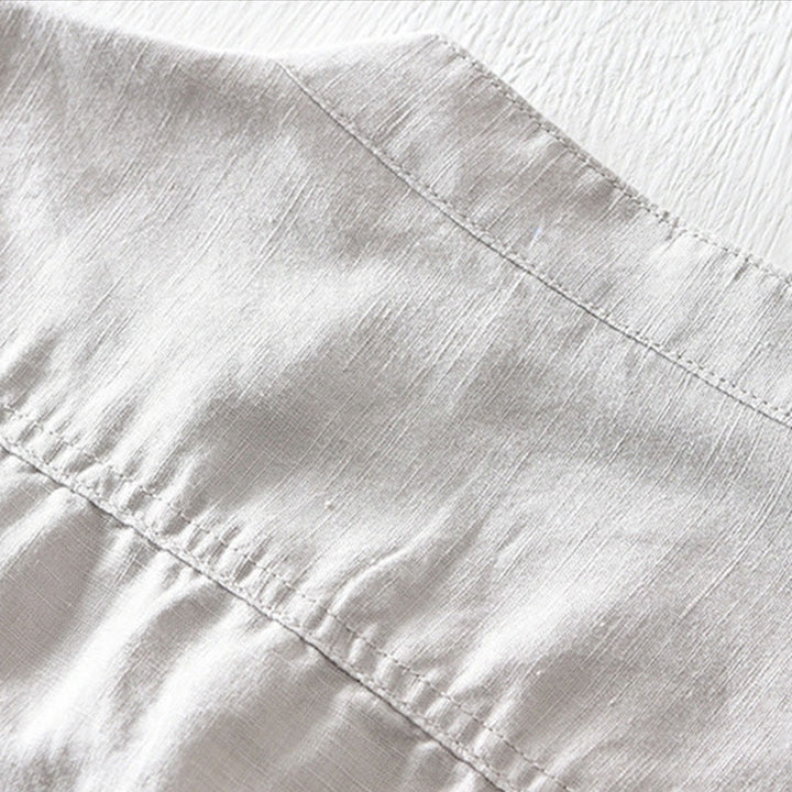 Buddha Stones Solid Color Half Button Design Stand Collar Men's Short Sleeve Cotton Linen Shirt - image 3