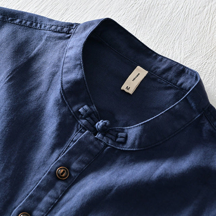Buddha Stones Solid Color Half Button Design Stand Collar Men's Short Sleeve Cotton Linen Shirt - image 11