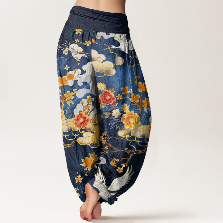 Buddha Stones Cotton Auspicious Clouds White Cranes Red Flowers Pattern Design Women's Elastic Waist Harem Pants - image 1