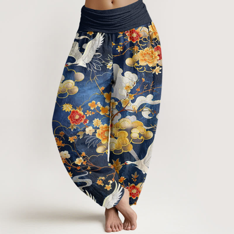 Buddha Stones Auspicious Clouds White Cranes Red Flowers Pattern Design Women's Elastic Waist Harem Pants - RoyalBlue - US22，UK/AU26，EU54 (6XL) - image 1