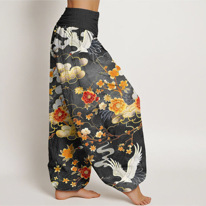 Buddha Stones Auspicious Clouds White Cranes Red Flowers Pattern Design Women's Elastic Waist Harem Pants - image 7