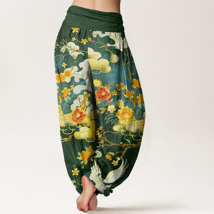 Buddha Stones Auspicious Clouds White Cranes Red Flowers Pattern Design Women's Elastic Waist Harem Pants - image 9