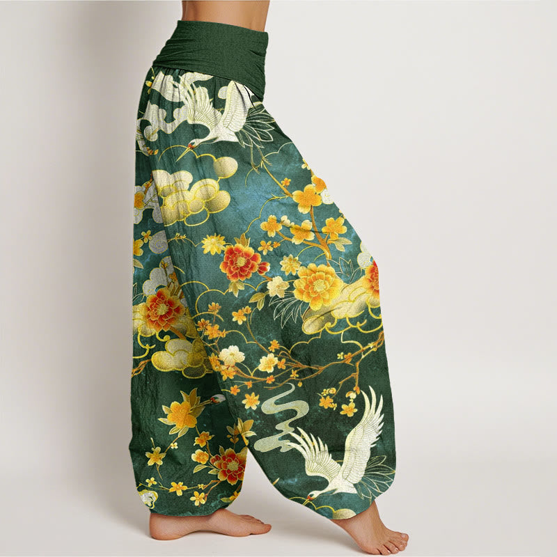 Buddha Stones Auspicious Clouds White Cranes Red Flowers Pattern Design Women's Elastic Waist Harem Pants - image 10