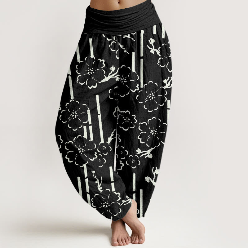 Buddha Stones Floral Lines Pattern Design Women's Elastic Waist Harem Pants - Black - US22，UK/AU26，EU54 (6XL) - image 5