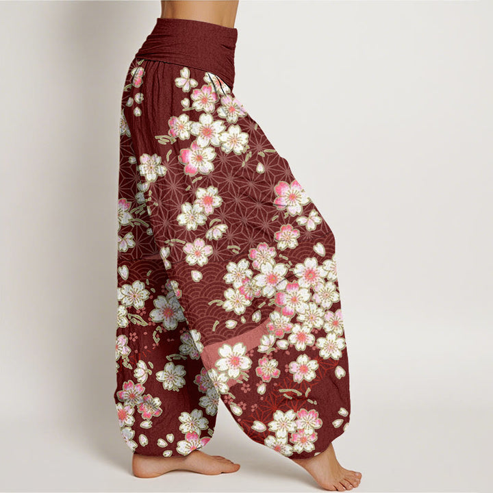 Buddha Stones Pink Cherry Blossoms Six-pointed Stars Pattern Design Women's Elastic Waist Harem Pants - image 3