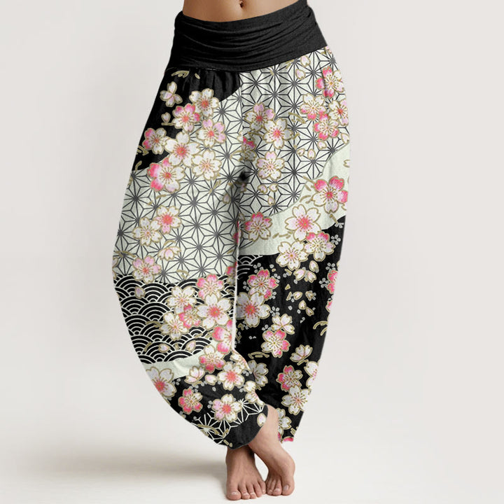 Buddha Stones Pink Cherry Blossoms Six-pointed Stars Pattern Design Women's Elastic Waist Harem Pants - Black - US22，UK/AU26，EU54 (6XL) - image 5