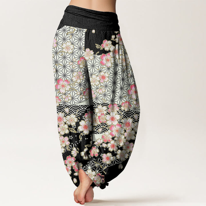 Buddha Stones Pink Cherry Blossoms Six-pointed Stars Pattern Design Women's Elastic Waist Harem Pants - image 6