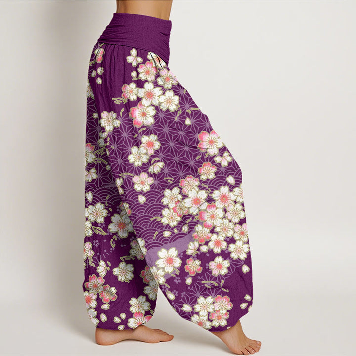 Buddha Stones Pink Cherry Blossoms Six-pointed Stars Pattern Design Women's Elastic Waist Harem Pants - image 10