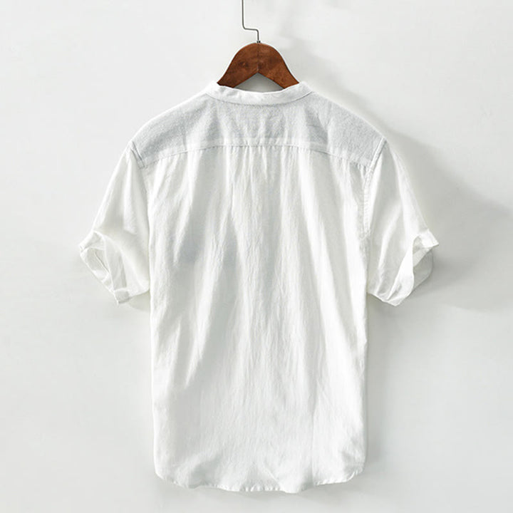 Buddha Stones Color Contrast Half Button Men's Short Sleeve Cotton Linen Shirt With Pocket - image 1