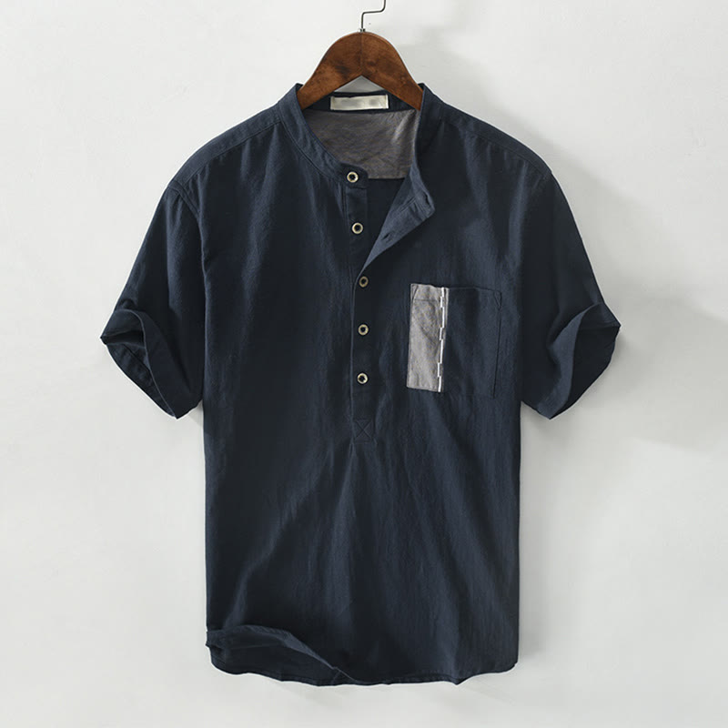 Buddha Stones Color Contrast Half Button Men's Short Sleeve Cotton Linen Shirt With Pocket - MidnightBlue - US/UK/AU42，EU52 (3XL) - image 13