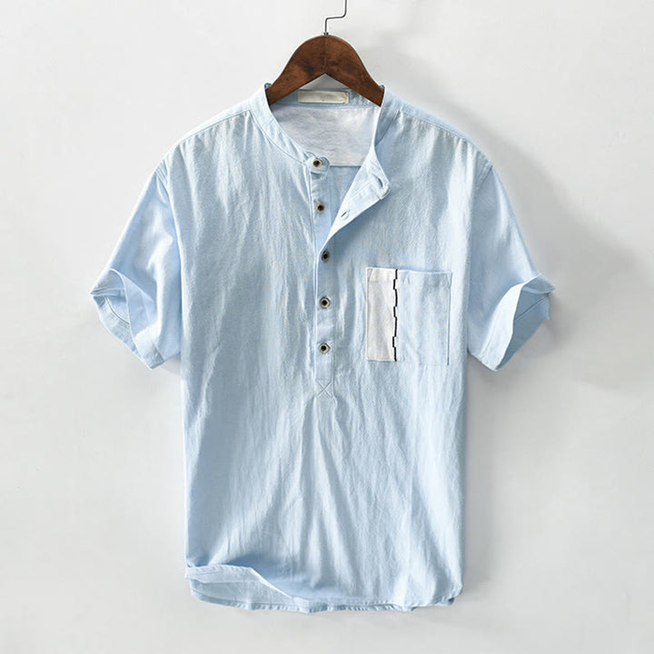 Buddha Stones Color Contrast Half Button Men's Short Sleeve Cotton Linen Shirt With Pocket - LightSkyBlue - US/UK/AU42，EU52 (3XL) - image 10