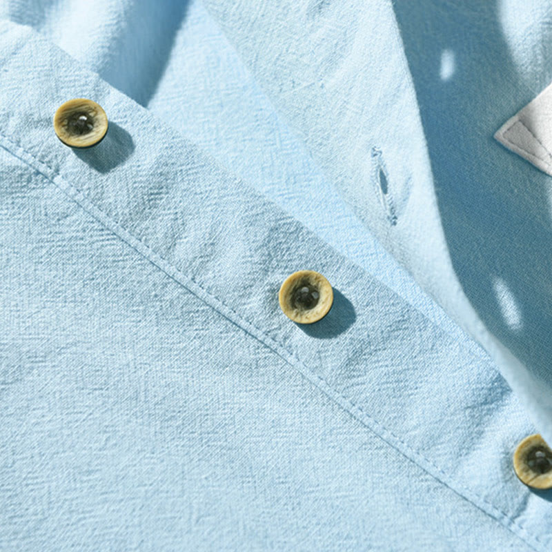 Buddha Stones Color Contrast Half Button Men's Short Sleeve Cotton Linen Shirt With Pocket - image 11