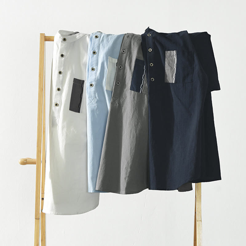 Buddha Stones Color Contrast Half Button Men's Short Sleeve Cotton Linen Shirt With Pocket - image 16