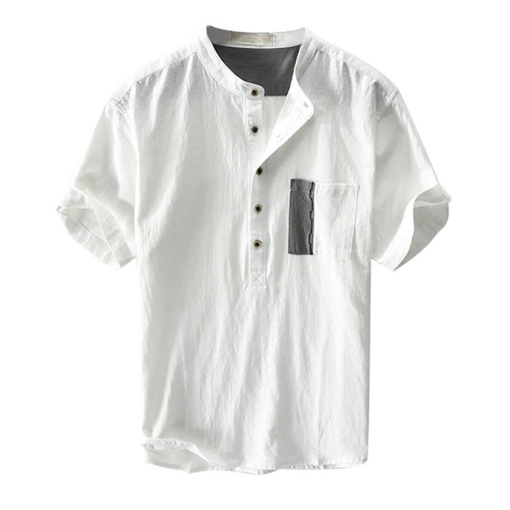 Buddha Stones Color Contrast Half Button Men's Short Sleeve Cotton Linen Shirt With Pocket - image 6
