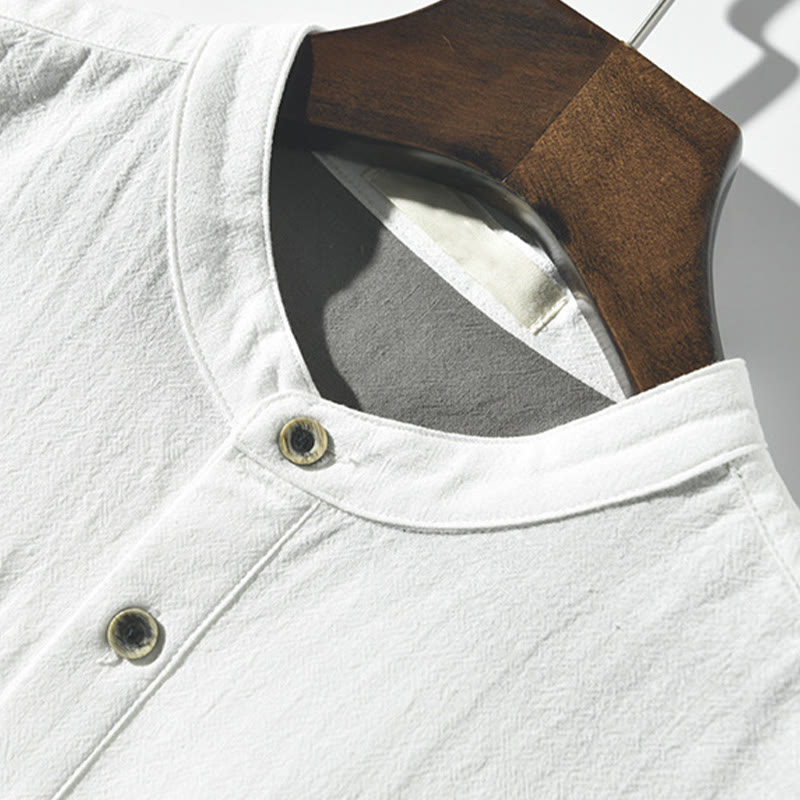 Buddha Stones Color Contrast Half Button Men's Short Sleeve Cotton Linen Shirt With Pocket - image 2