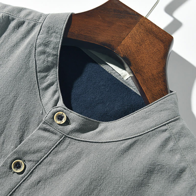 Buddha Stones Color Contrast Half Button Men's Short Sleeve Cotton Linen Shirt With Pocket - image 8