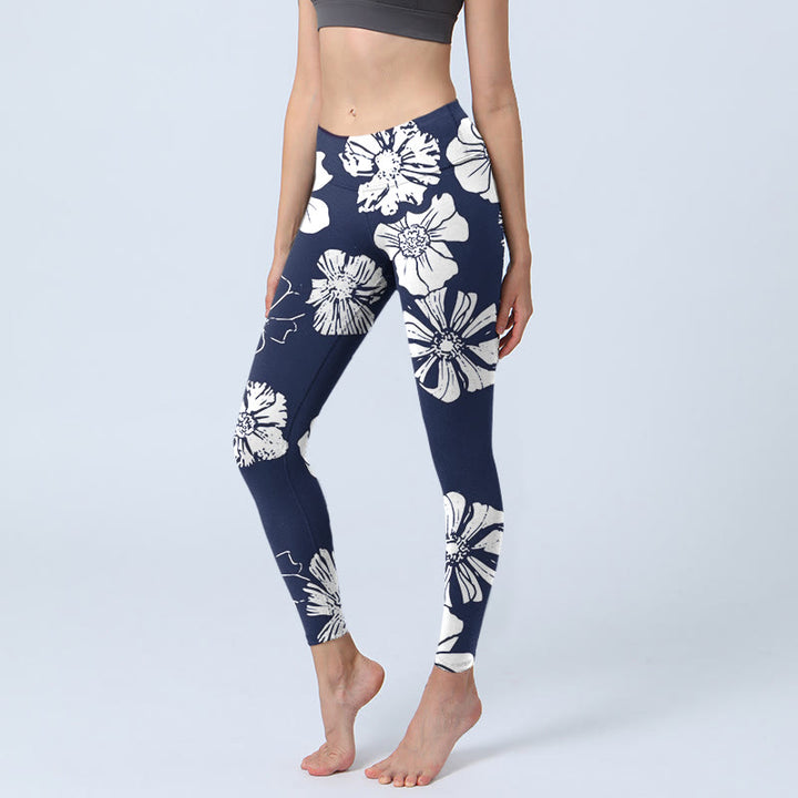 Buddha Stones Large White Petals Plants Pattern Print Gym Leggings Women's Yoga Pants - MidnightBlue - US18，UK/AU22，EU50 (4XL) - image 0