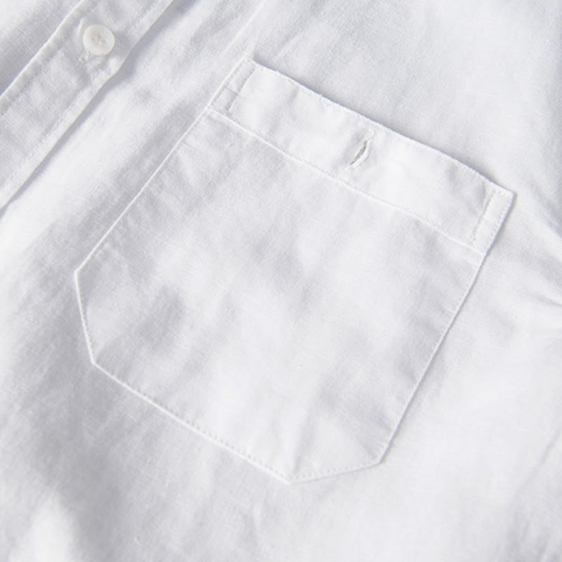 Buddha Stones Casual Daily Simple Buttons Design Stand Collar Men's Short Sleeve Cotton Linen Shirt With Front Pockets - image 5