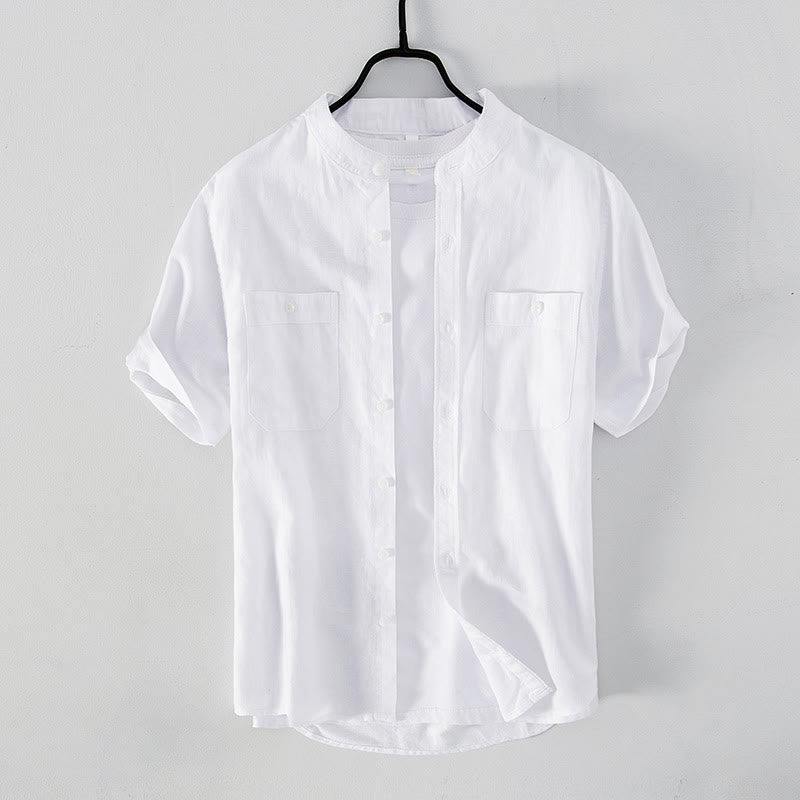 Buddha Stones Casual Daily Simple Buttons Design Stand Collar Men's Short Sleeve Cotton Linen Shirt With Front Pockets - White - US/UK/AU42，EU52 (3XL) - image 1