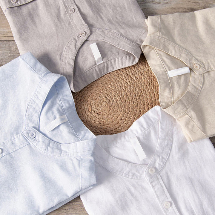 Buddha Stones Casual Daily Simple Buttons Design Stand Collar Men's Short Sleeve Cotton Linen Shirt With Front Pockets - image 19