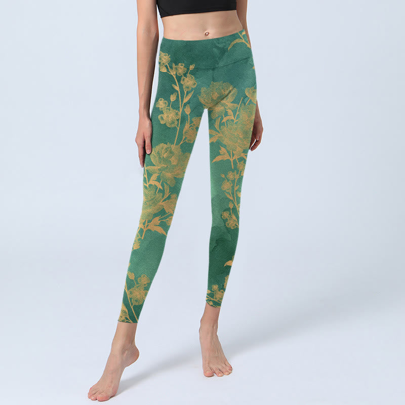 Buddha Stones Green Background Golden Branches Peony Flowers Pattern Print Gym Leggings Women's Yoga Pants - image 5