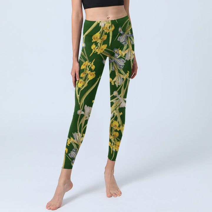 Buddha Stones Green Iris Pattern Print Gym Leggings Women's Yoga Pants - image 5