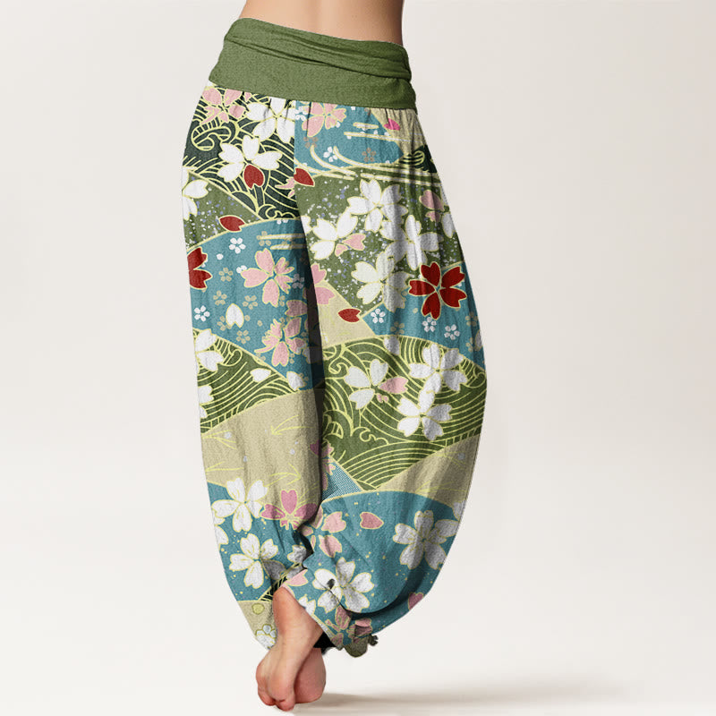 Buddha Stones Colorful Flowers Fan-shaped Pattern Design Women's Elastic Waist Harem Pants - image 2
