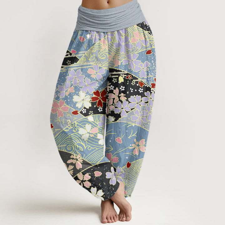 Buddha Stones Colorful Flowers Fan-shaped Pattern Design Women's Elastic Waist Harem Pants - LightCyan - US22，UK/AU26，EU54 (6XL) - image 5