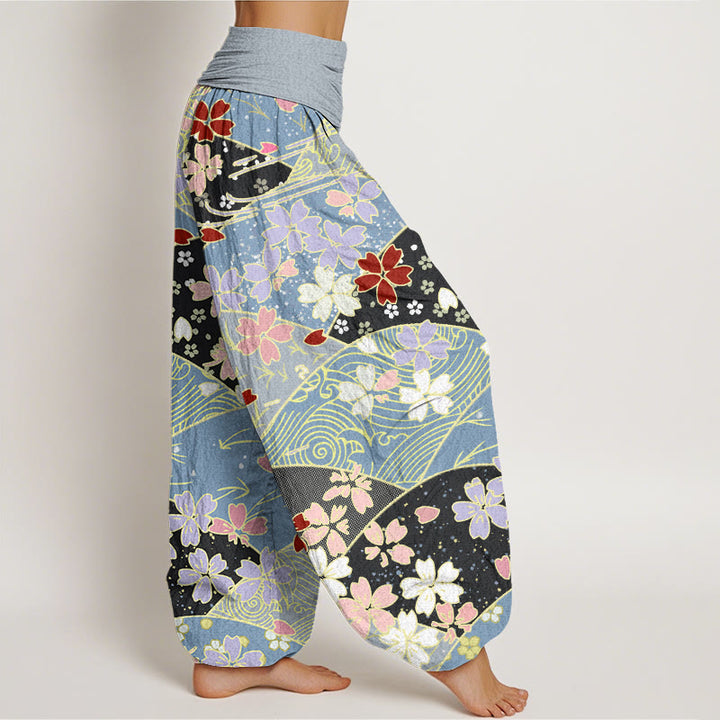 Buddha Stones Colorful Flowers Fan-shaped Pattern Design Women's Elastic Waist Harem Pants - image 7