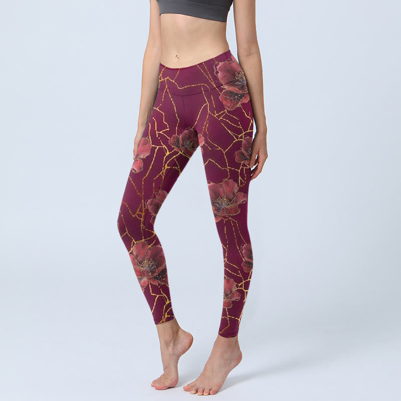 Buddha Stones Red Petals Golden Lines Pattern Print Gym Leggings Women's Yoga Pants - IndianRed - US18，UK/AU22，EU50 (4XL) - image 1