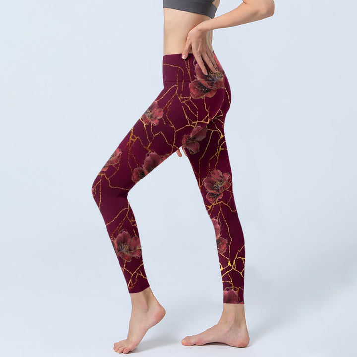 Buddha Stones Red Petals Golden Lines Pattern Print Gym Leggings Women's Yoga Pants - image 2