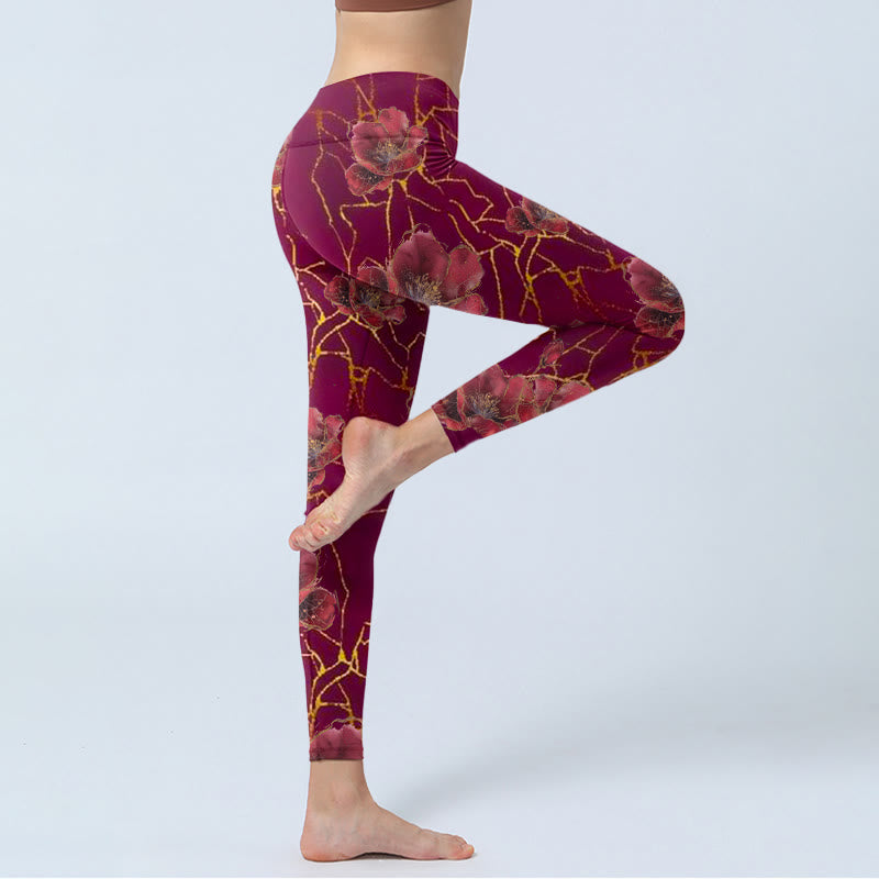 Buddha Stones Red Petals Golden Lines Pattern Print Gym Leggings Women's Yoga Pants - image 4