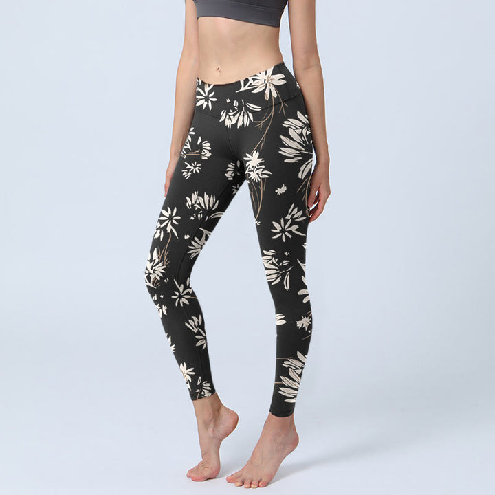 Buddha Stones Black White Petals Pattern Print Gym Leggings Women's Yoga Pants - Black - US18，UK/AU22，EU50 (4XL) - image 0