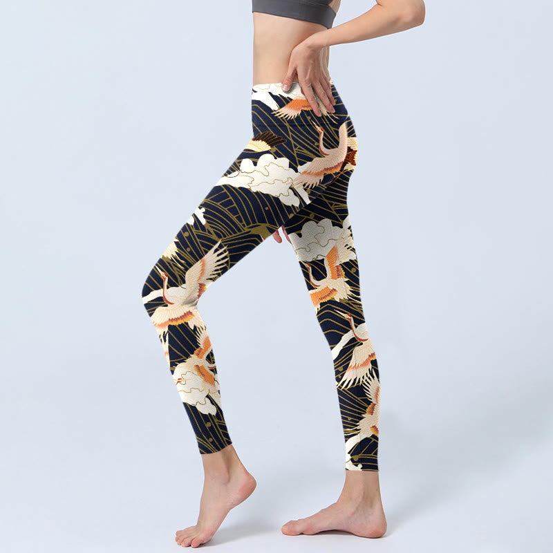 Buddha Stones Red-crowned Cranes Cloud Sea Wave Pattern Print Gym Leggings Women's Yoga Pants - image 2