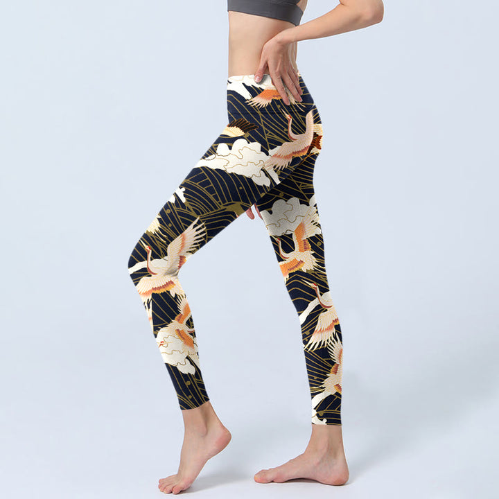 Buddha Stones Red-crowned Cranes Cloud Sea Wave Pattern Print Gym Leggings Women's Yoga Pants - image 2