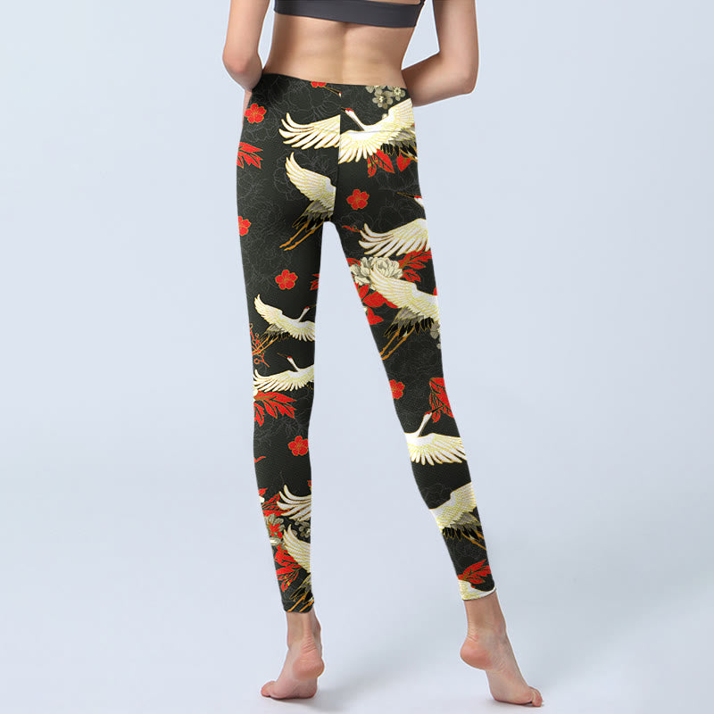 Buddha Stones Red-crowned Cranes Peony Flowers Pattern Print Gym Leggings Women's Yoga Pants - image 6